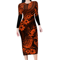 Hawaii Pineapple Family Matching Long Sleeve Bodycon Dress and Hawaiian Shirt Paradise Flowers Pacific With Orange Polynesian Tribal LT01 Mom's Dress Orange - Polynesian Pride