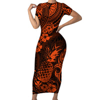 Hawaii Pineapple Family Matching Short Sleeve Bodycon Dress and Hawaiian Shirt Paradise Flowers Pacific With Orange Polynesian Tribal LT01 Mom's Dress Orange - Polynesian Pride