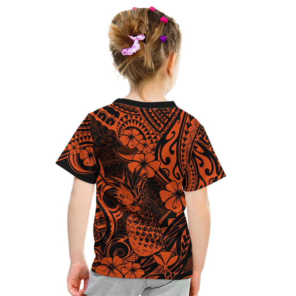 Hawaii Pineapple Kid T Shirt Paradise Flowers Pacific With Orange Polynesian Tribal LT01 - Polynesian Pride