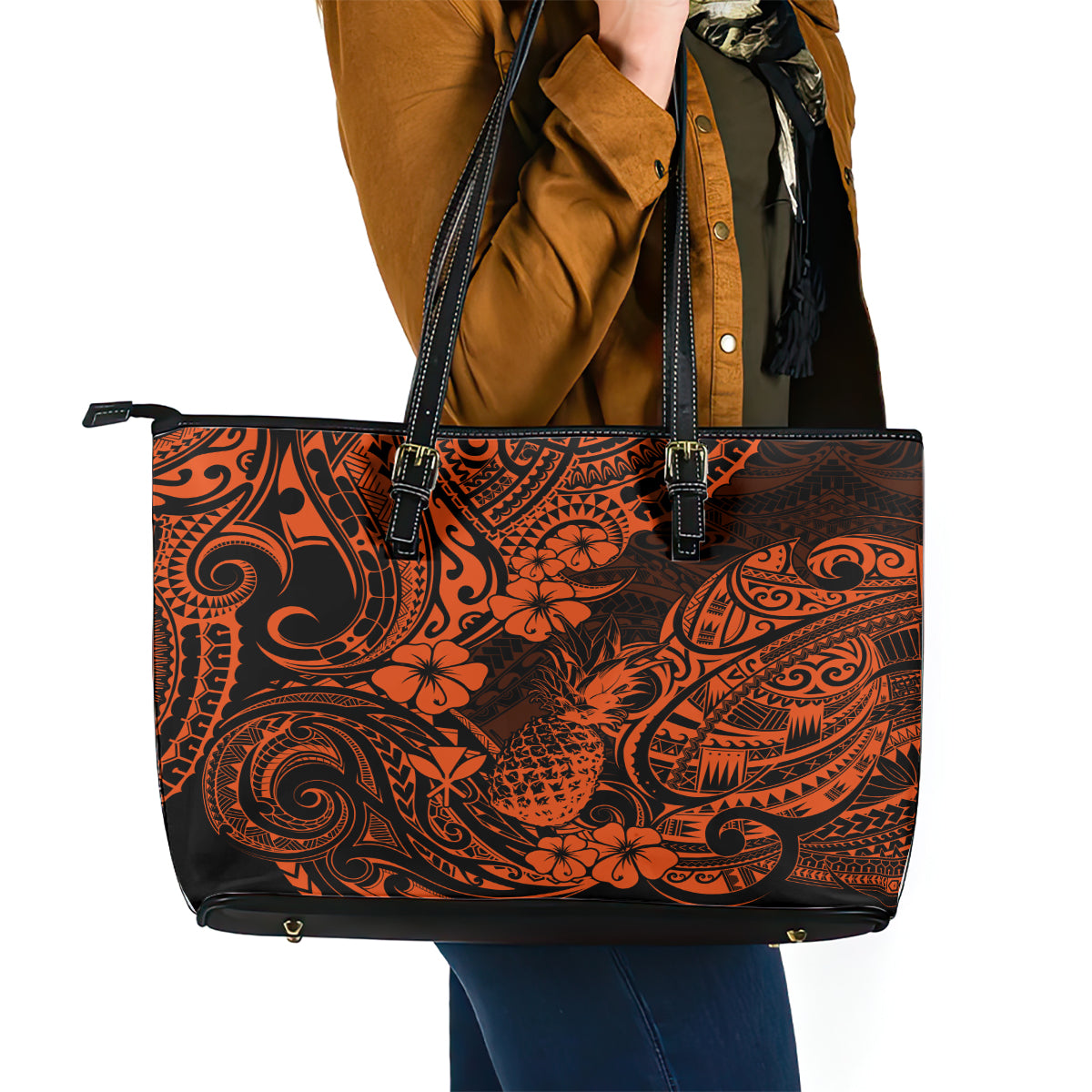 Hawaii Pineapple Leather Tote Bag Paradise Flowers Pacific With Orange Polynesian Tribal LT01 - Polynesian Pride