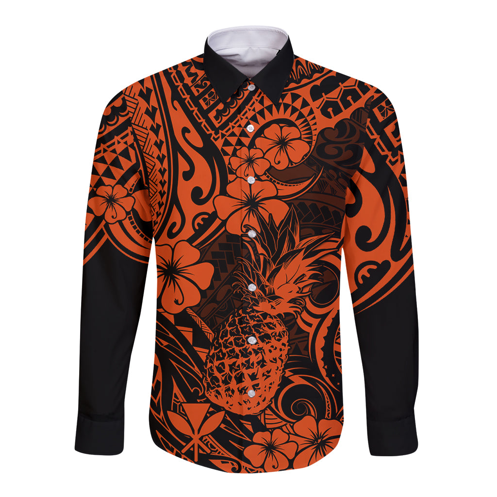 Hawaii Pineapple Long Sleeve Button Shirt Paradise Flowers Pacific With Orange Polynesian Tribal LT01 Unisex Orange - Polynesian Pride