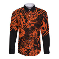 Hawaii Pineapple Long Sleeve Button Shirt Paradise Flowers Pacific With Orange Polynesian Tribal LT01 Unisex Orange - Polynesian Pride