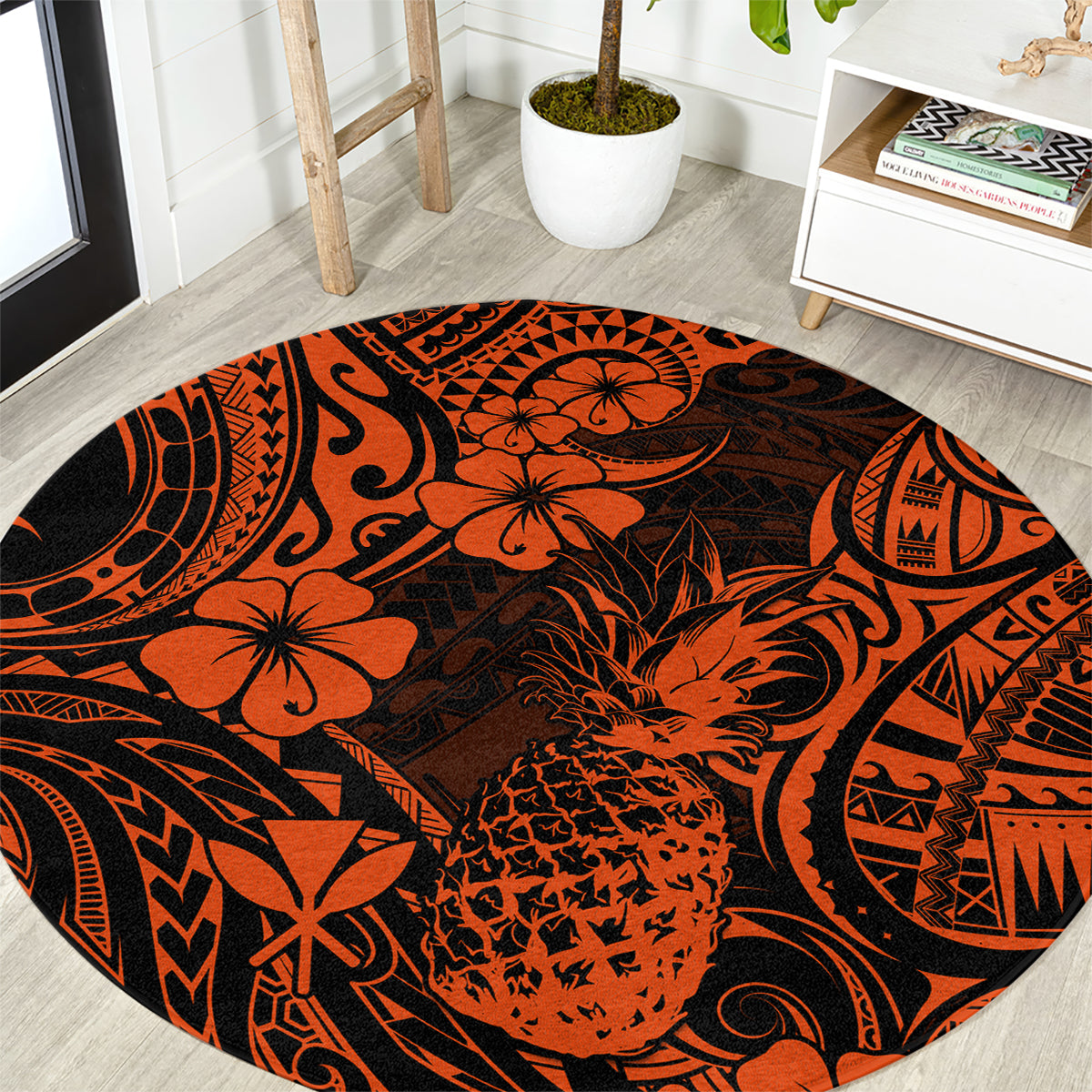 Hawaii Pineapple Round Carpet Paradise Flowers Pacific With Orange Polynesian Tribal LT01 Orange - Polynesian Pride