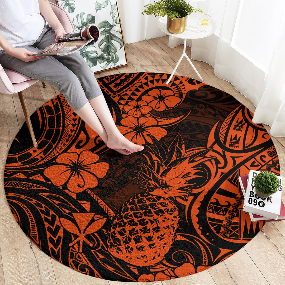 Hawaii Pineapple Round Carpet Paradise Flowers Pacific With Orange Polynesian Tribal LT01 - Polynesian Pride