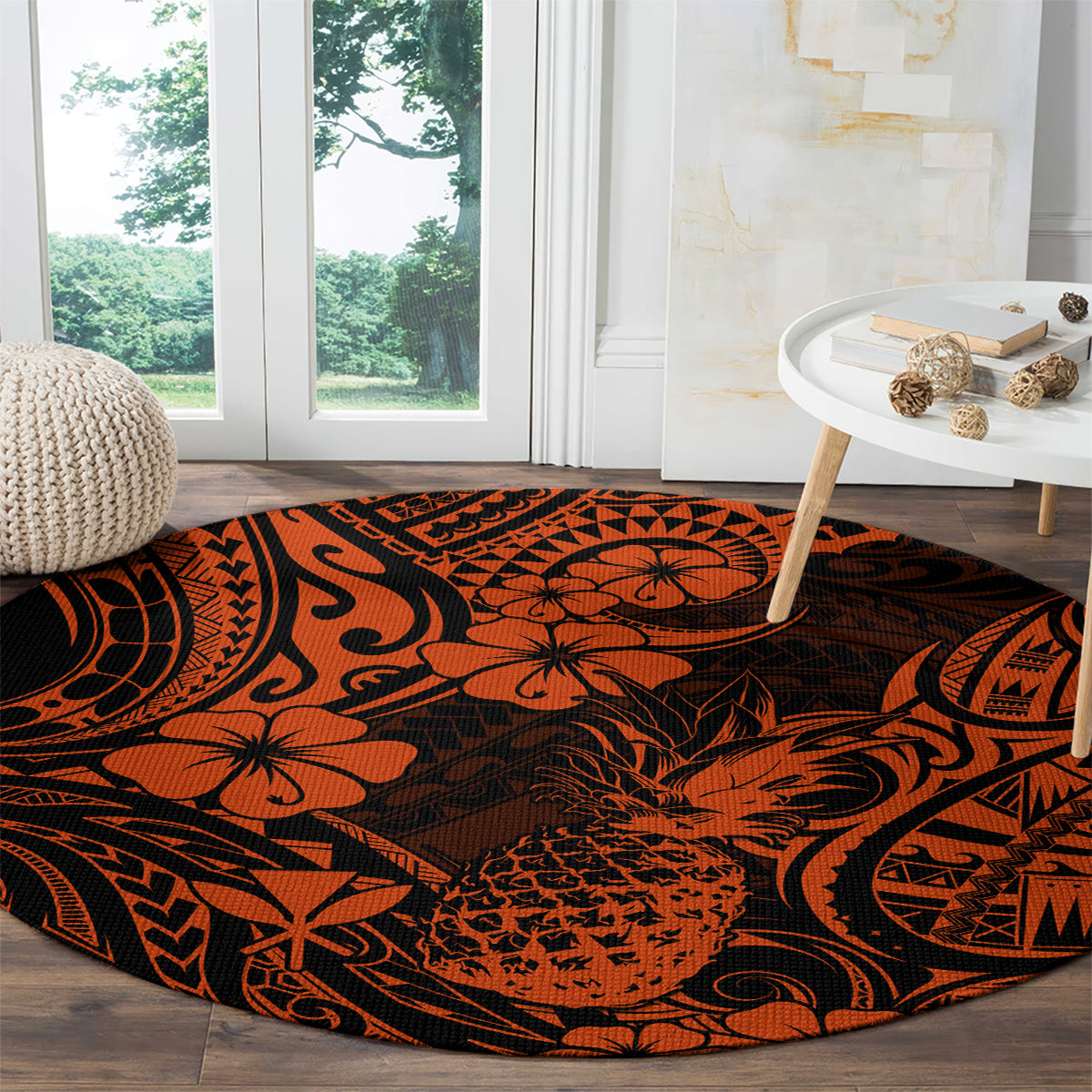 Hawaii Pineapple Round Carpet Paradise Flowers Pacific With Orange Polynesian Tribal LT01 - Polynesian Pride