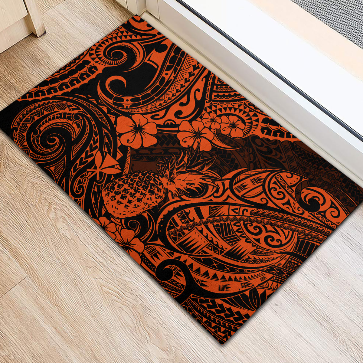 Hawaii Pineapple Rubber Doormat Paradise Flowers Pacific With Orange Polynesian Tribal LT01 - Polynesian Pride