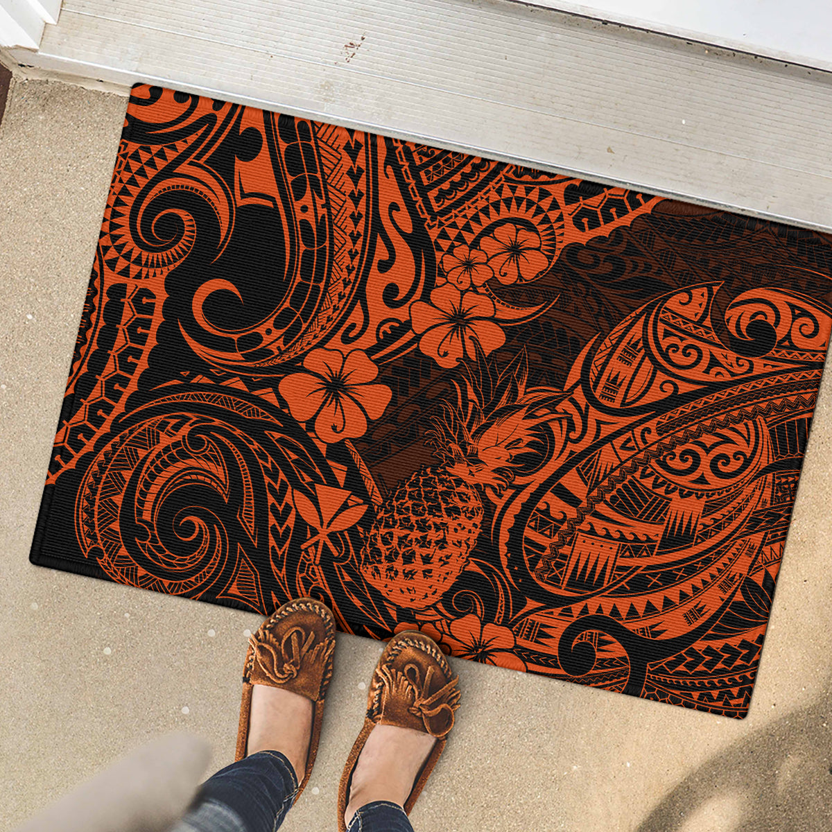 Hawaii Pineapple Rubber Doormat Paradise Flowers Pacific With Orange Polynesian Tribal LT01 - Polynesian Pride