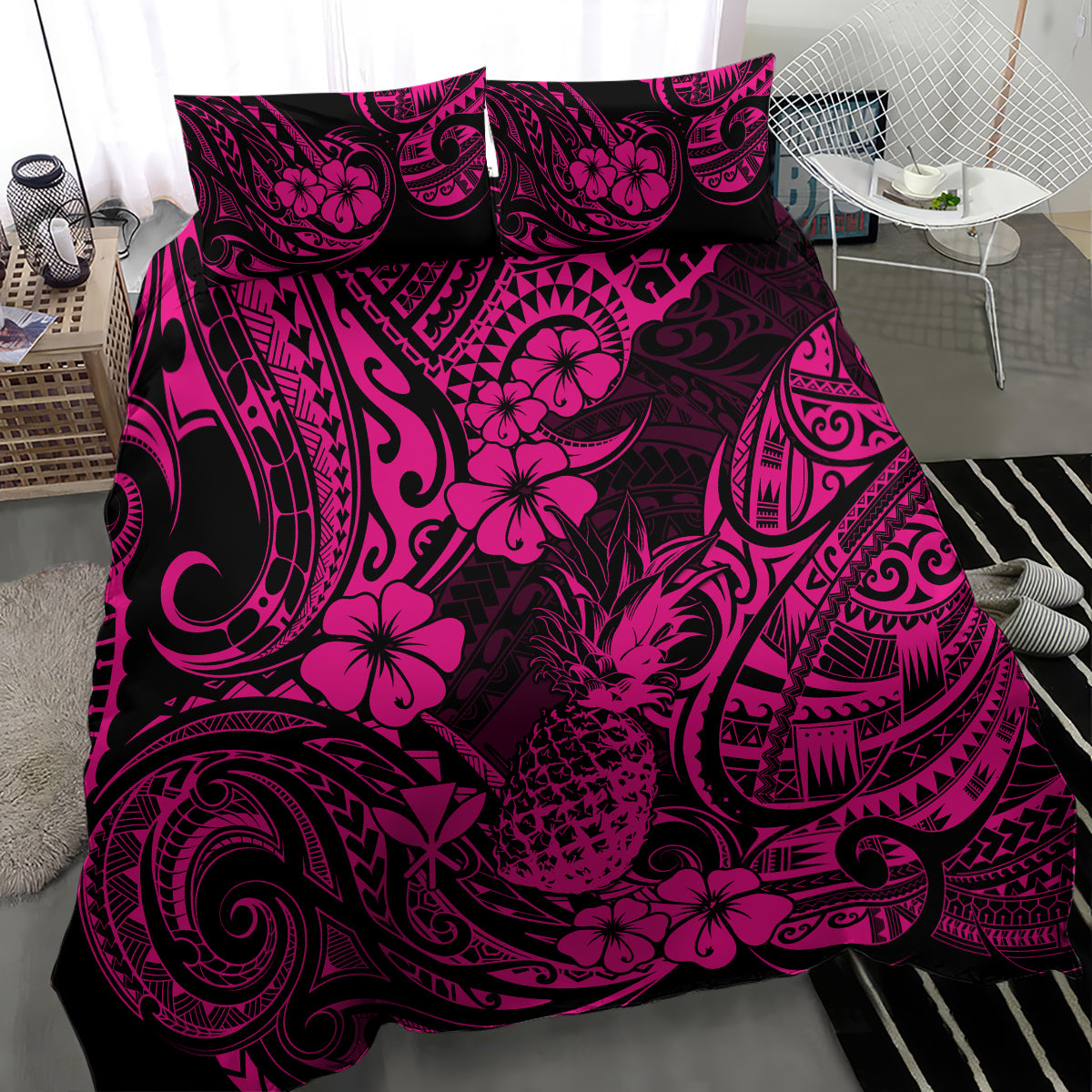 Hawaii Pineapple Bedding Set Paradise Flowers Pacific With Pink Polynesian Tribal LT01 - Polynesian Pride
