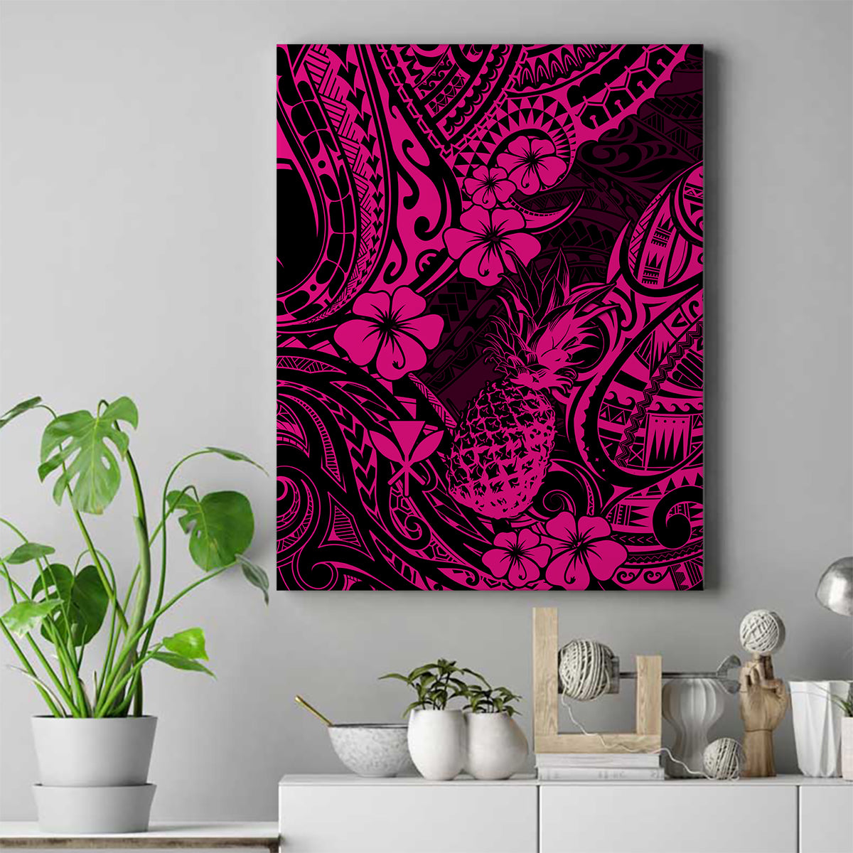 Hawaii Pineapple Canvas Wall Art Paradise Flowers Pacific With Pink Polynesian Tribal LT01 Pink - Polynesian Pride