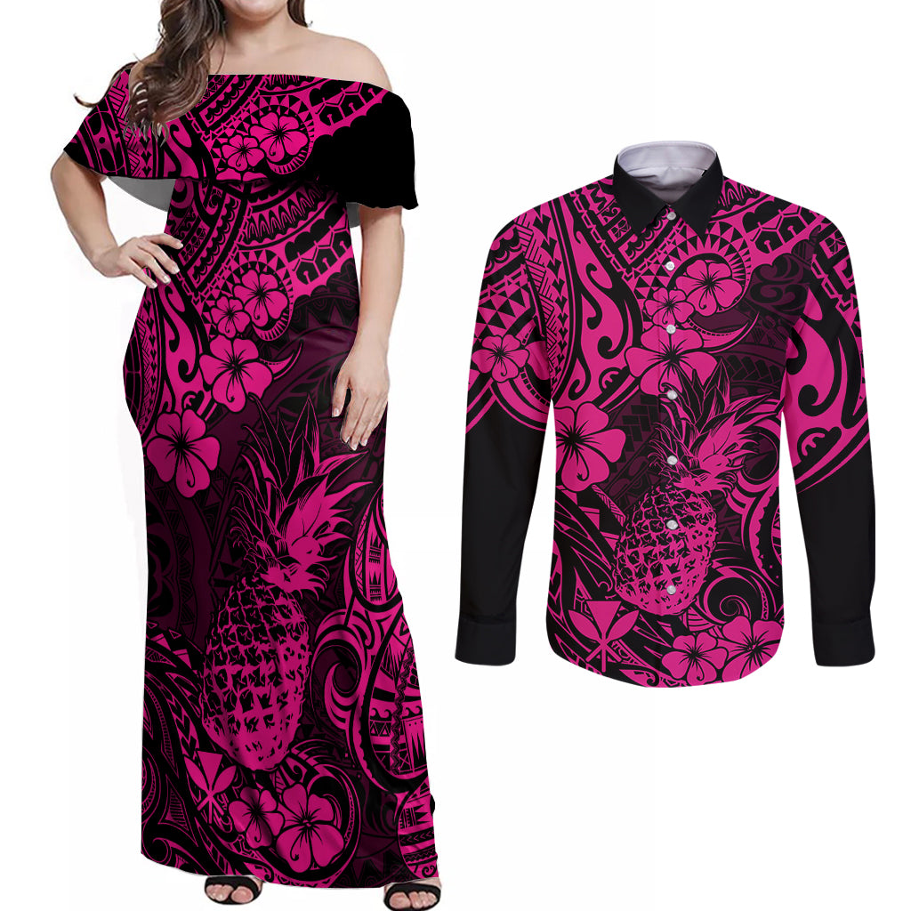 Hawaii Pineapple Couples Matching Off Shoulder Maxi Dress and Long Sleeve Button Shirts Paradise Flowers Pacific With Pink Polynesian Tribal LT01 Pink - Polynesian Pride