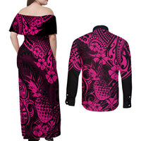 Hawaii Pineapple Couples Matching Off Shoulder Maxi Dress and Long Sleeve Button Shirts Paradise Flowers Pacific With Pink Polynesian Tribal LT01 - Polynesian Pride