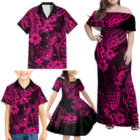 Hawaii Pineapple Family Matching Off Shoulder Maxi Dress and Hawaiian Shirt Paradise Flowers Pacific With Pink Polynesian Tribal LT01 - Polynesian Pride