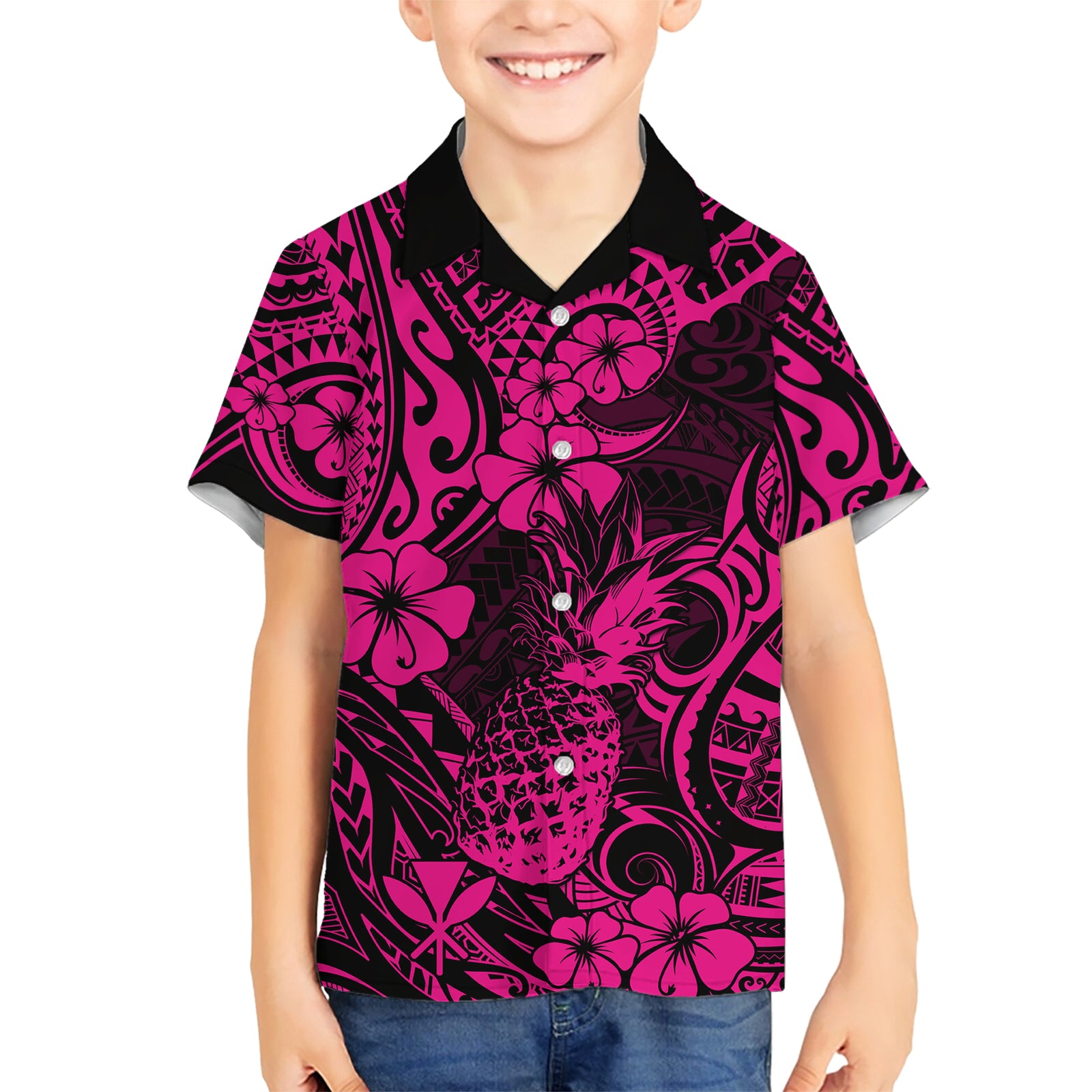 Hawaii Pineapple Kid Hawaiian Shirt Paradise Flowers Pacific With Pink Polynesian Tribal LT01 Kid Pink - Polynesian Pride