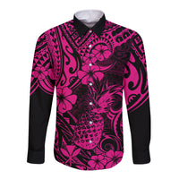 Hawaii Pineapple Long Sleeve Button Shirt Paradise Flowers Pacific With Pink Polynesian Tribal LT01 Unisex Pink - Polynesian Pride