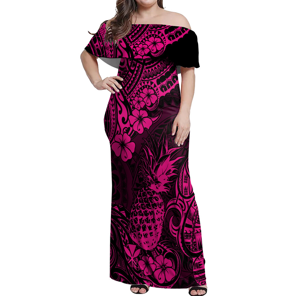 Hawaii Pineapple Off Shoulder Maxi Dress Paradise Flowers Pacific With Pink Polynesian Tribal LT01 Women Pink - Polynesian Pride