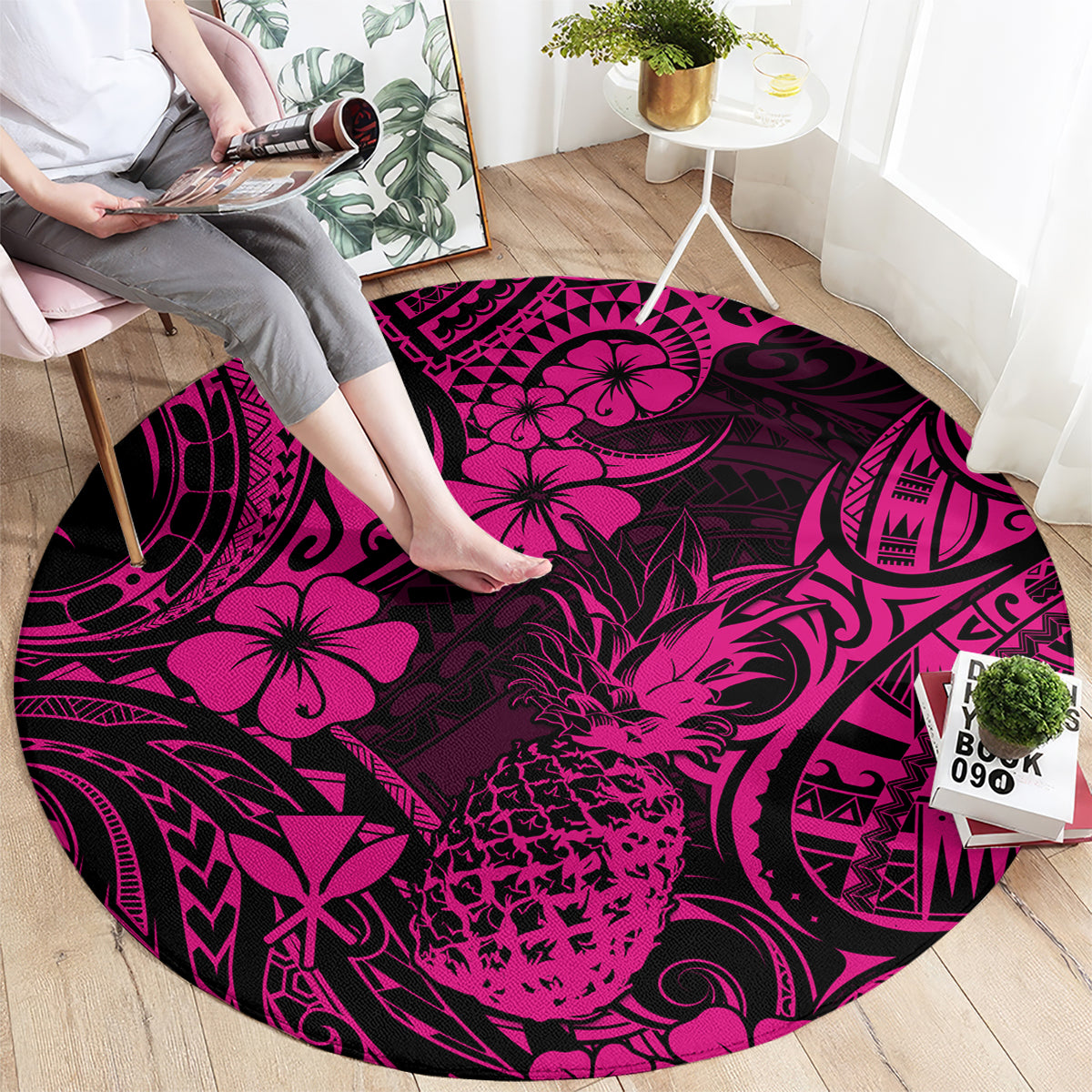 Hawaii Pineapple Round Carpet Paradise Flowers Pacific With Pink Polynesian Tribal LT01 - Polynesian Pride