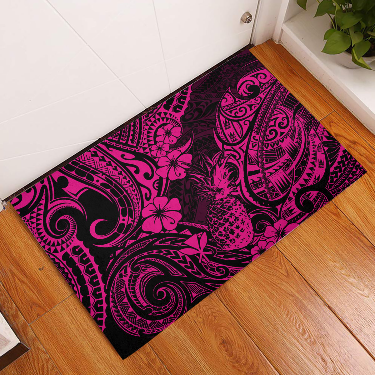 Hawaii Pineapple Rubber Doormat Paradise Flowers Pacific With Pink Polynesian Tribal LT01 Pink - Polynesian Pride