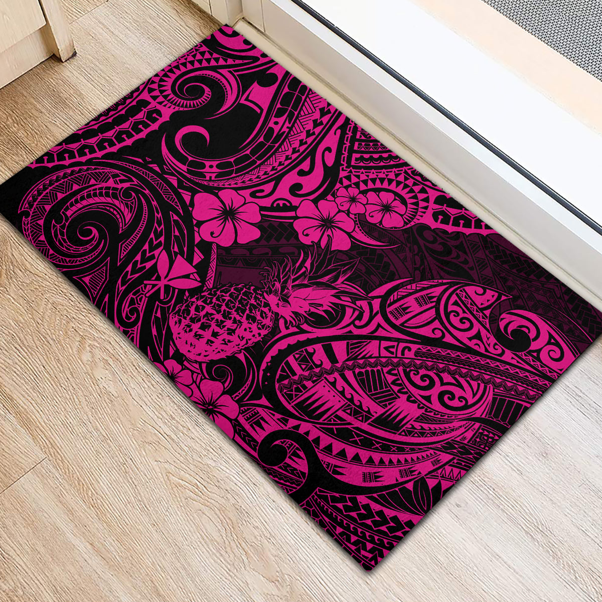 Hawaii Pineapple Rubber Doormat Paradise Flowers Pacific With Pink Polynesian Tribal LT01 - Polynesian Pride