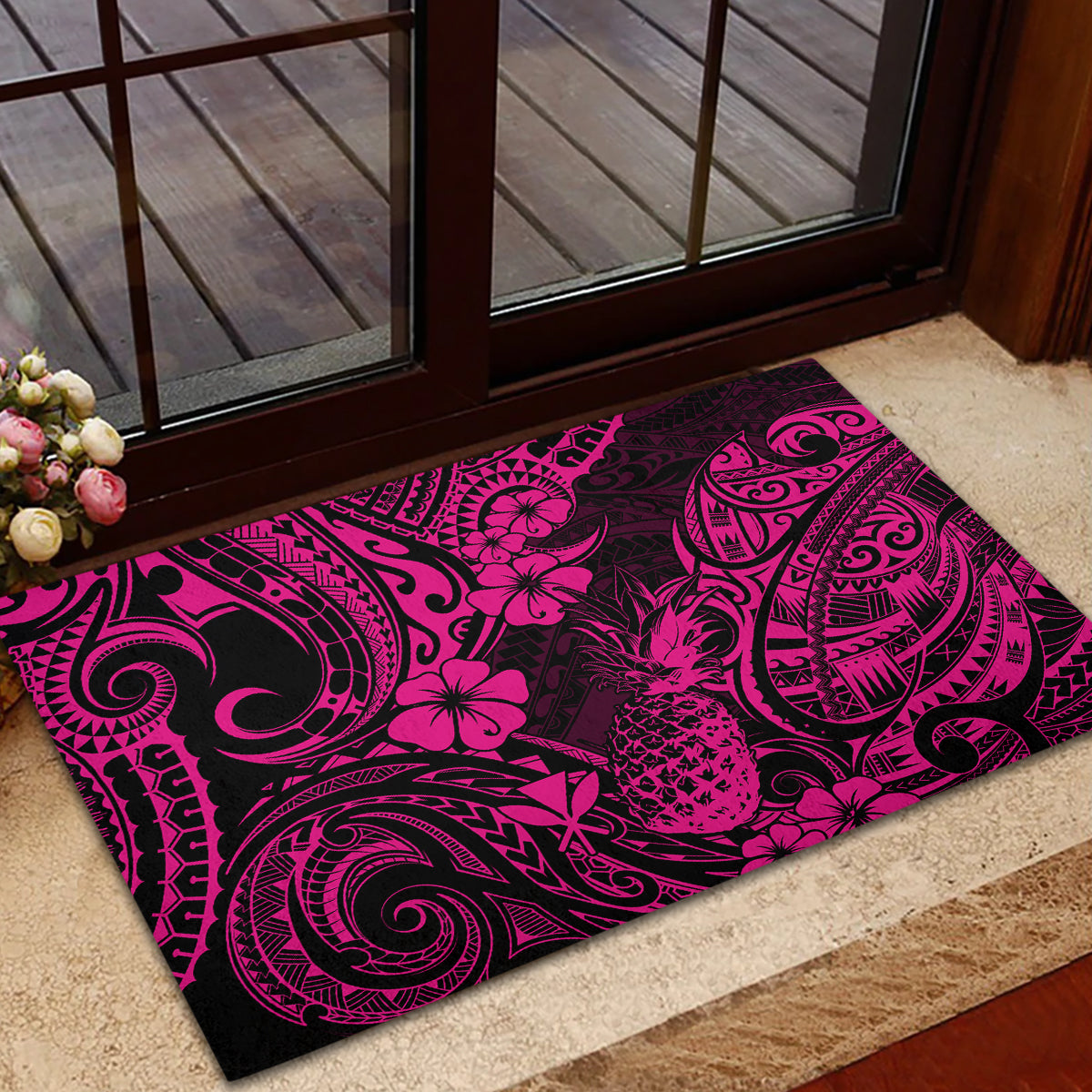 Hawaii Pineapple Rubber Doormat Paradise Flowers Pacific With Pink Polynesian Tribal LT01 - Polynesian Pride
