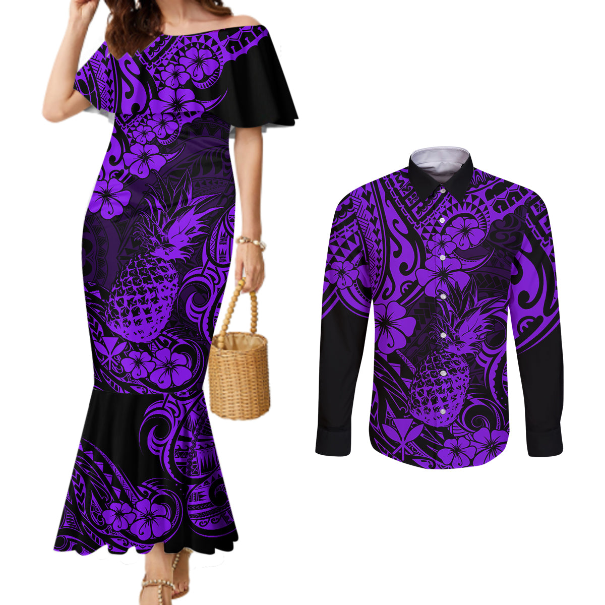 Hawaii Pineapple Couples Matching Mermaid Dress and Long Sleeve Button Shirts Polynesian Pattern Purple Version LT01 Purple - Polynesian Pride