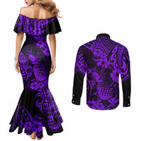 Hawaii Pineapple Couples Matching Mermaid Dress and Long Sleeve Button Shirts Polynesian Pattern Purple Version LT01 - Polynesian Pride