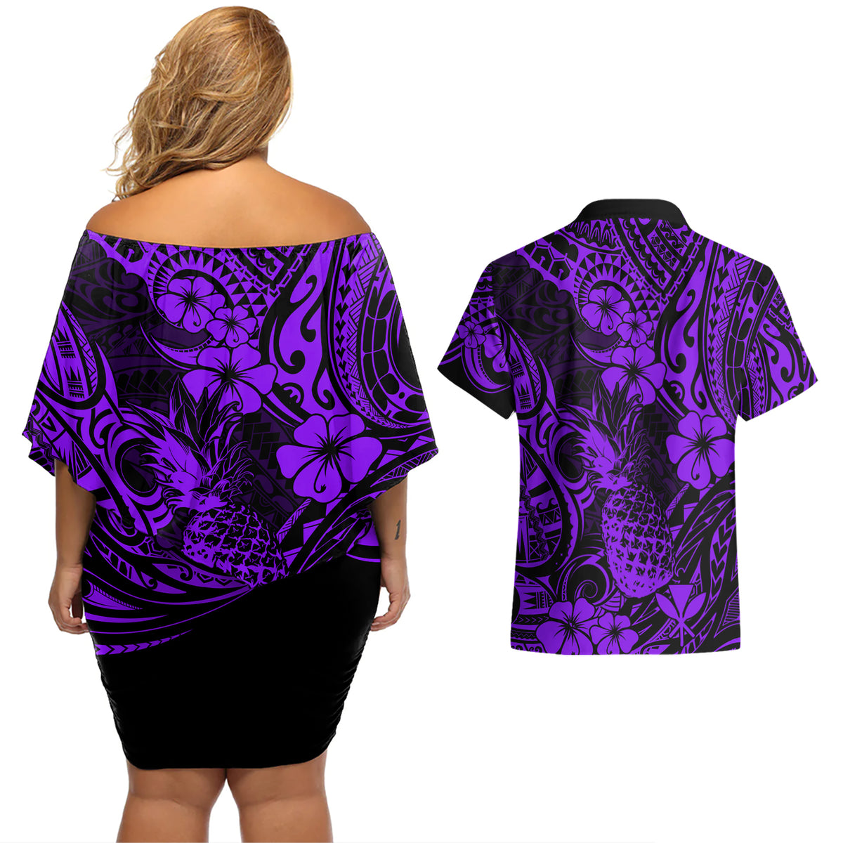 Hawaii Pineapple Couples Matching Off Shoulder Short Dress and Hawaiian Shirt Polynesian Pattern Purple Version LT01 - Polynesian Pride