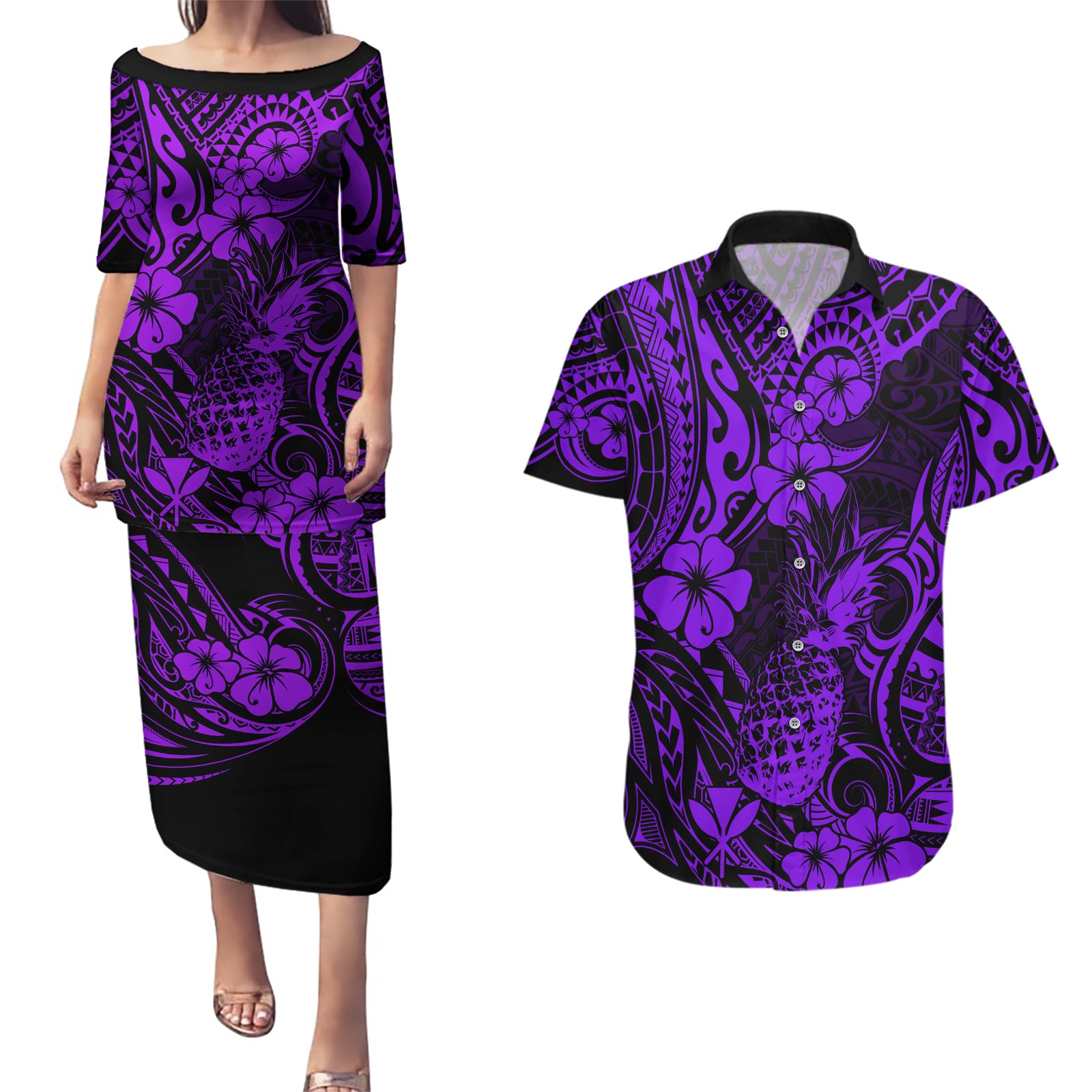 Hawaii Pineapple Couples Matching Puletasi Dress and Hawaiian Shirt Polynesian Pattern Purple Version LT01 Purple - Polynesian Pride