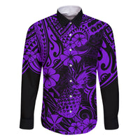 Hawaii Pineapple Family Matching Long Sleeve Bodycon Dress and Hawaiian Shirt Polynesian Pattern Purple Version LT01 Dad's Shirt - Long Sleeve Purple - Polynesian Pride
