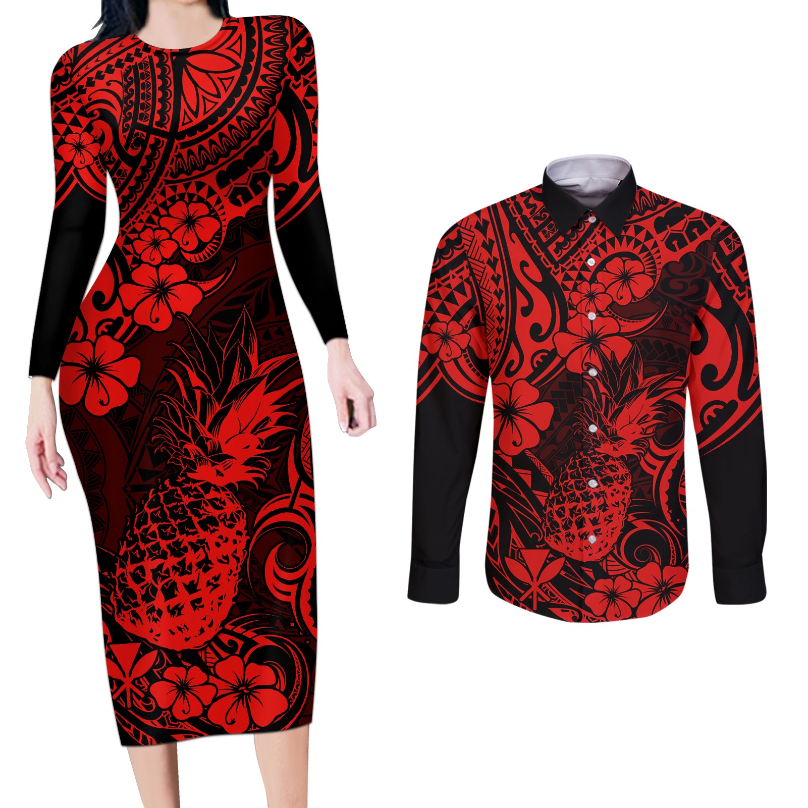 Hawaii Pineapple Couples Matching Long Sleeve Bodycon Dress and Long Sleeve Button Shirts Polynesian Pattern Red Version LT01 Red - Polynesian Pride
