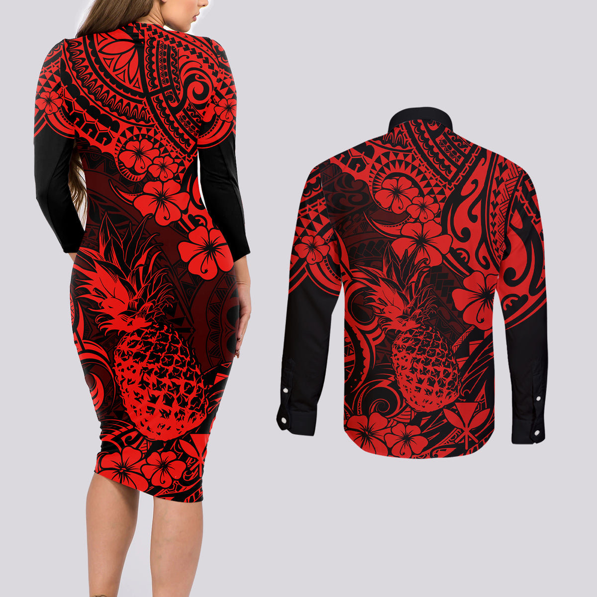 Hawaii Pineapple Couples Matching Long Sleeve Bodycon Dress and Long Sleeve Button Shirts Polynesian Pattern Red Version LT01 - Polynesian Pride