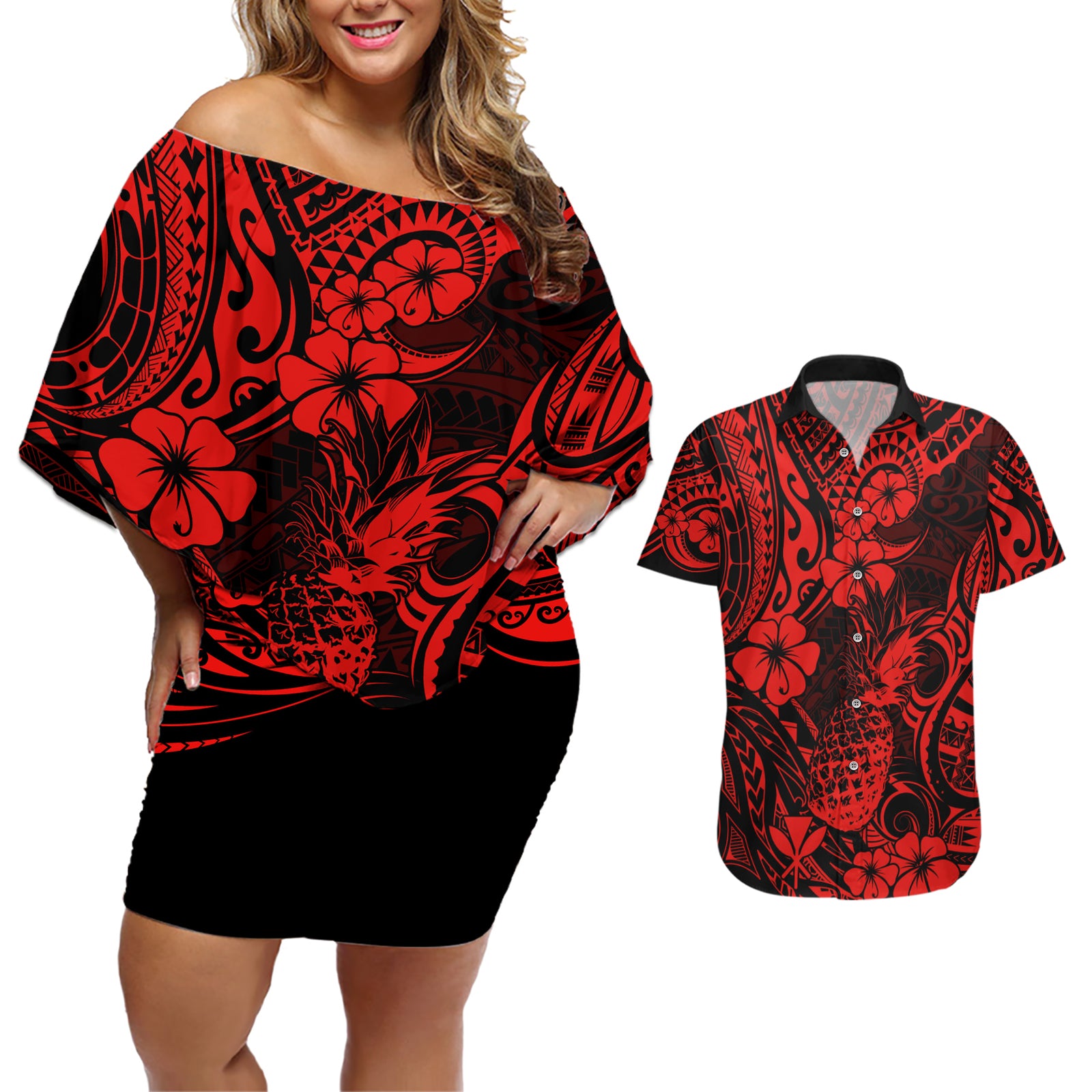 Hawaii Pineapple Couples Matching Off Shoulder Short Dress and Hawaiian Shirt Polynesian Pattern Red Version LT01 Red - Polynesian Pride