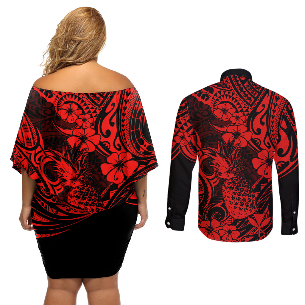 Hawaii Pineapple Couples Matching Off Shoulder Short Dress and Long Sleeve Button Shirts Polynesian Pattern Red Version LT01 - Polynesian Pride