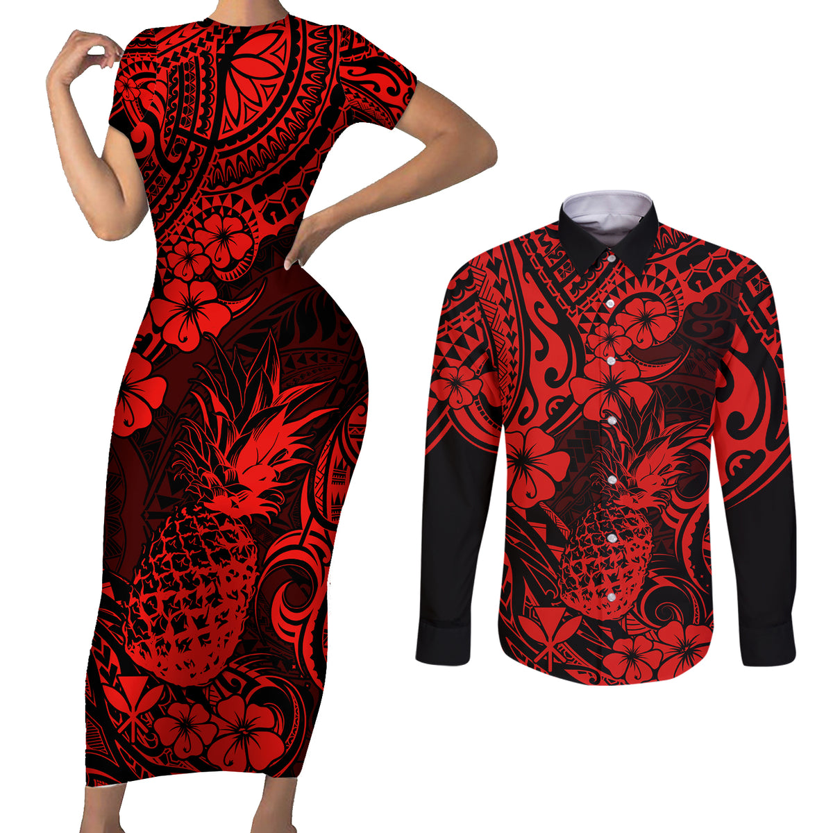 Hawaii Pineapple Couples Matching Short Sleeve Bodycon Dress and Long Sleeve Button Shirts Polynesian Pattern Red Version LT01 Red - Polynesian Pride