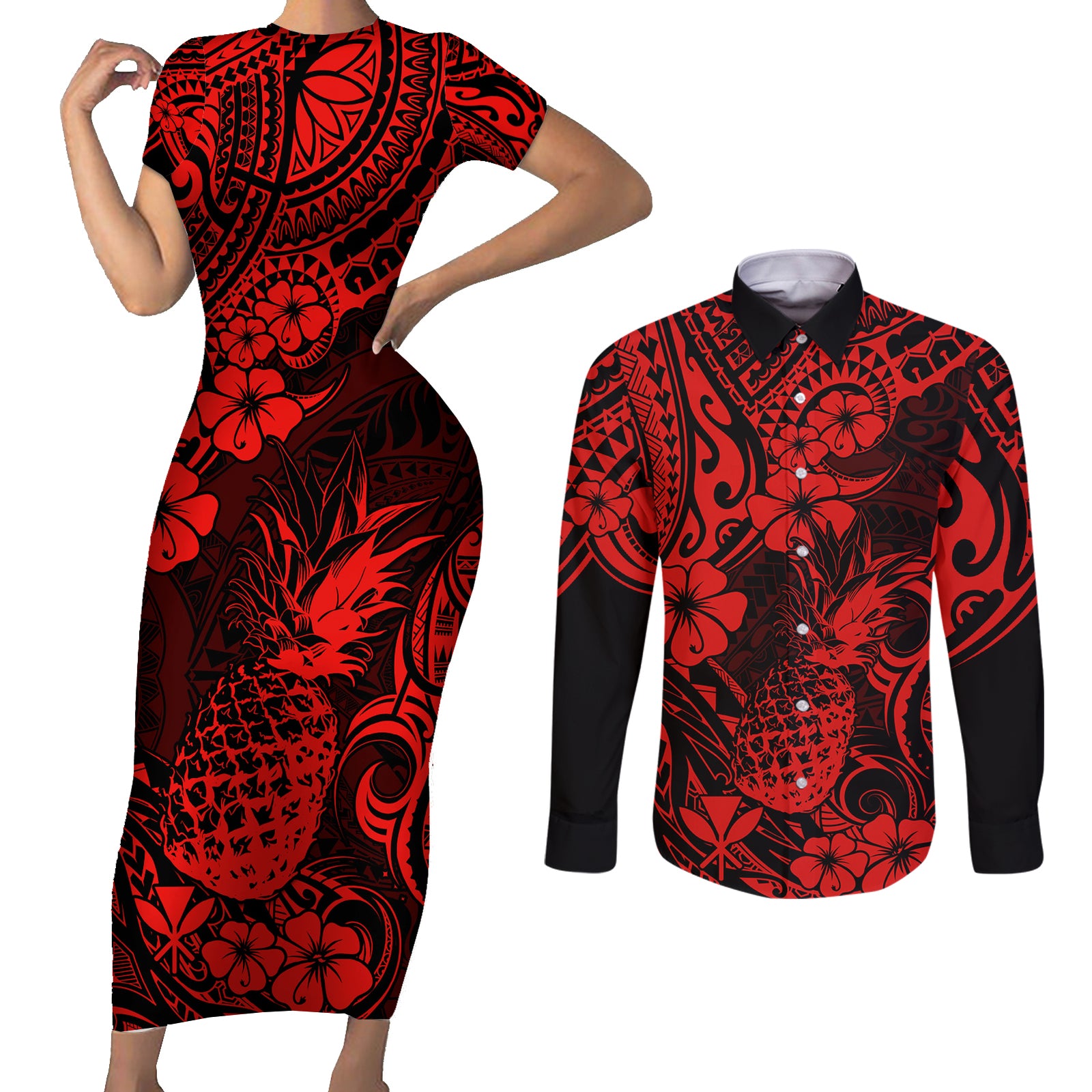 Hawaii Pineapple Couples Matching Short Sleeve Bodycon Dress and Long Sleeve Button Shirts Polynesian Pattern Red Version LT01 Red - Polynesian Pride