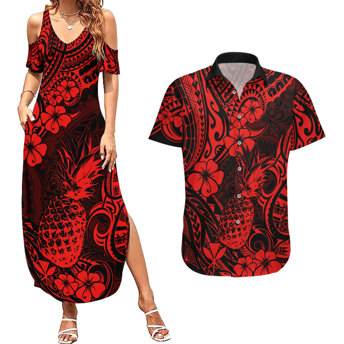 Hawaii Pineapple Couples Matching Summer Maxi Dress and Hawaiian Shirt Polynesian Pattern Red Version LT01 Red - Polynesian Pride