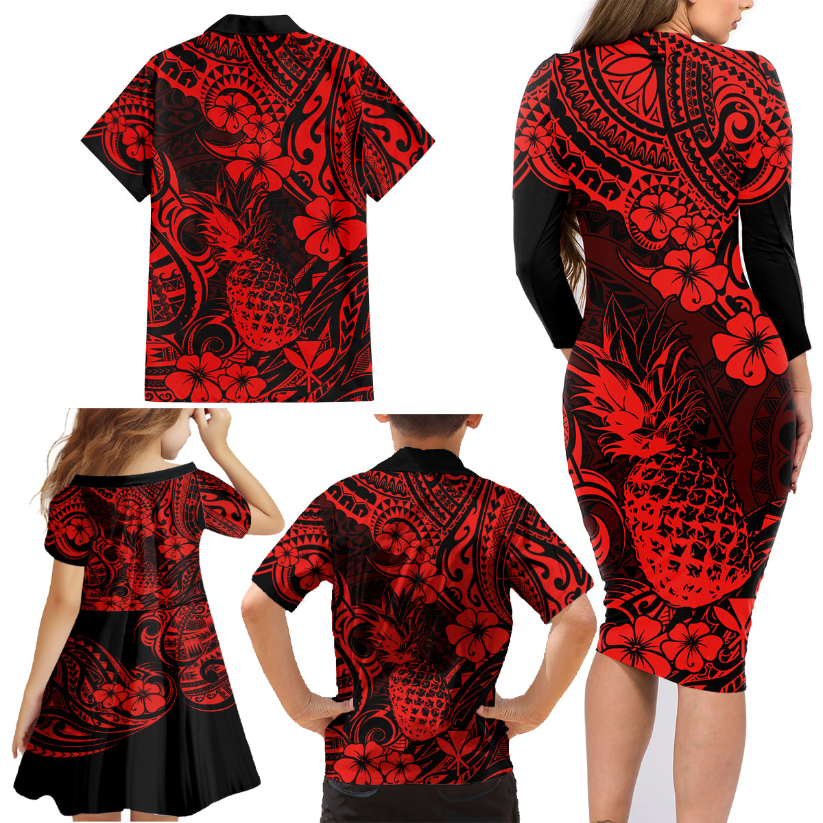 Hawaii Pineapple Family Matching Long Sleeve Bodycon Dress and Hawaiian Shirt Polynesian Pattern Red Version LT01 - Polynesian Pride