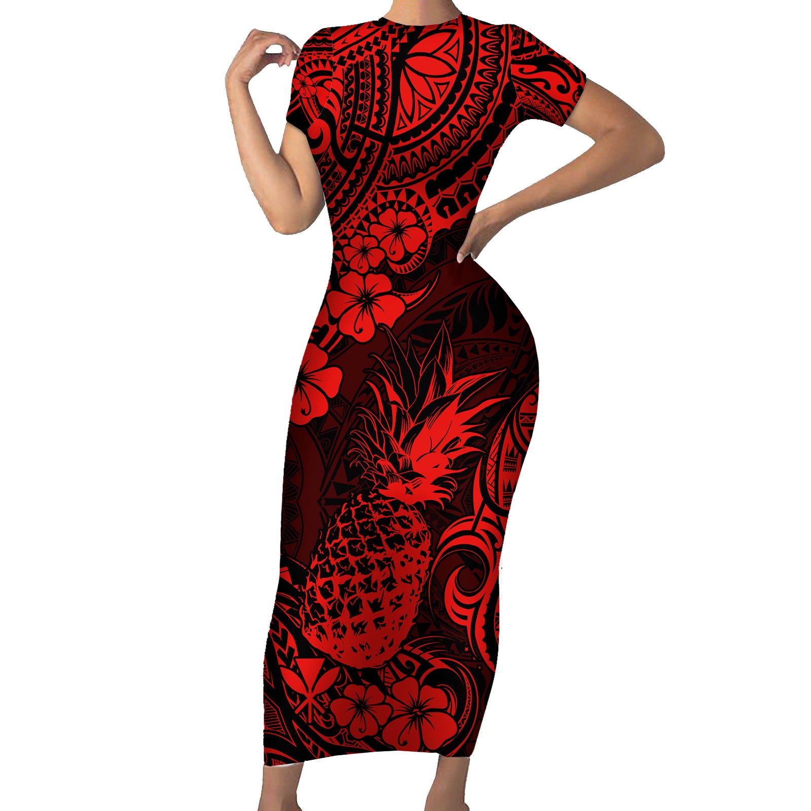 Hawaii Pineapple Short Sleeve Bodycon Dress Polynesian Pattern Red Version LT01 Long Dress Red - Polynesian Pride