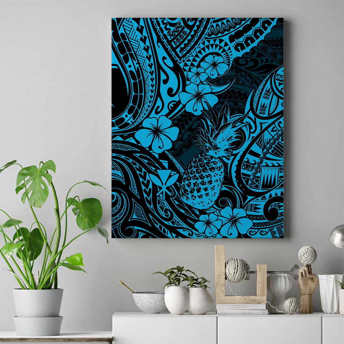 Hawaii Pineapple Canvas Wall Art Polynesian Pattern Sky Blue Version LT01 Blue - Polynesian Pride