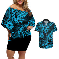 Hawaii Pineapple Couples Matching Off Shoulder Short Dress and Hawaiian Shirt Polynesian Pattern Sky Blue Version LT01 Blue - Polynesian Pride