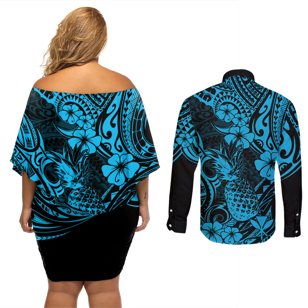 Hawaii Pineapple Couples Matching Off Shoulder Short Dress and Long Sleeve Button Shirts Polynesian Pattern Sky Blue Version LT01 - Polynesian Pride