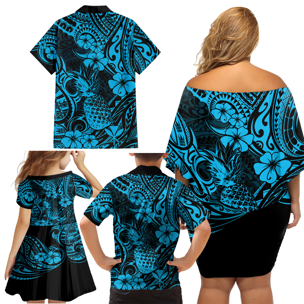 Hawaii Pineapple Family Matching Off Shoulder Short Dress and Hawaiian Shirt Polynesian Pattern Sky Blue Version LT01 - Polynesian Pride