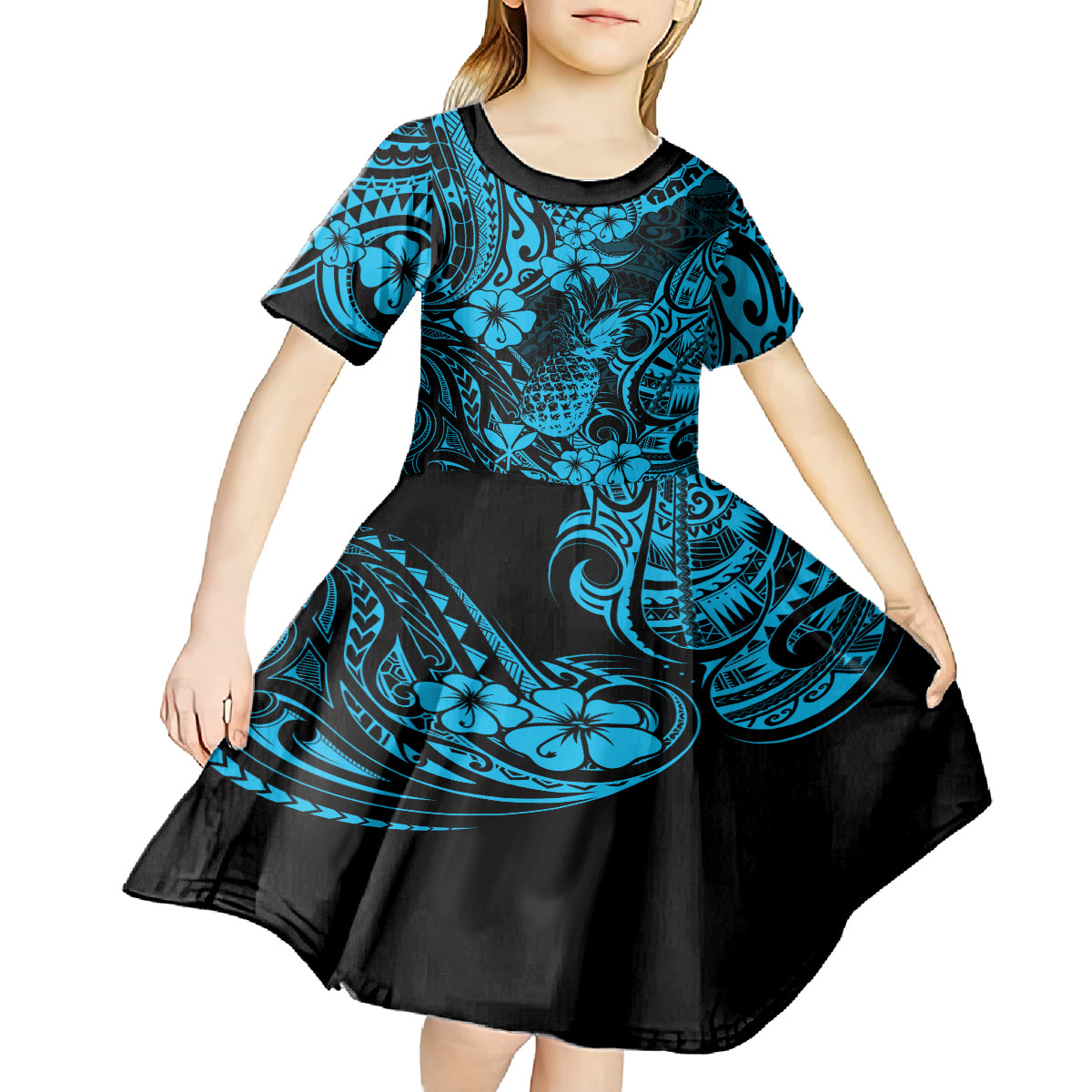 Hawaii Pineapple Kid Short Sleeve Dress Polynesian Pattern Sky Blue Version LT01 - Polynesian Pride