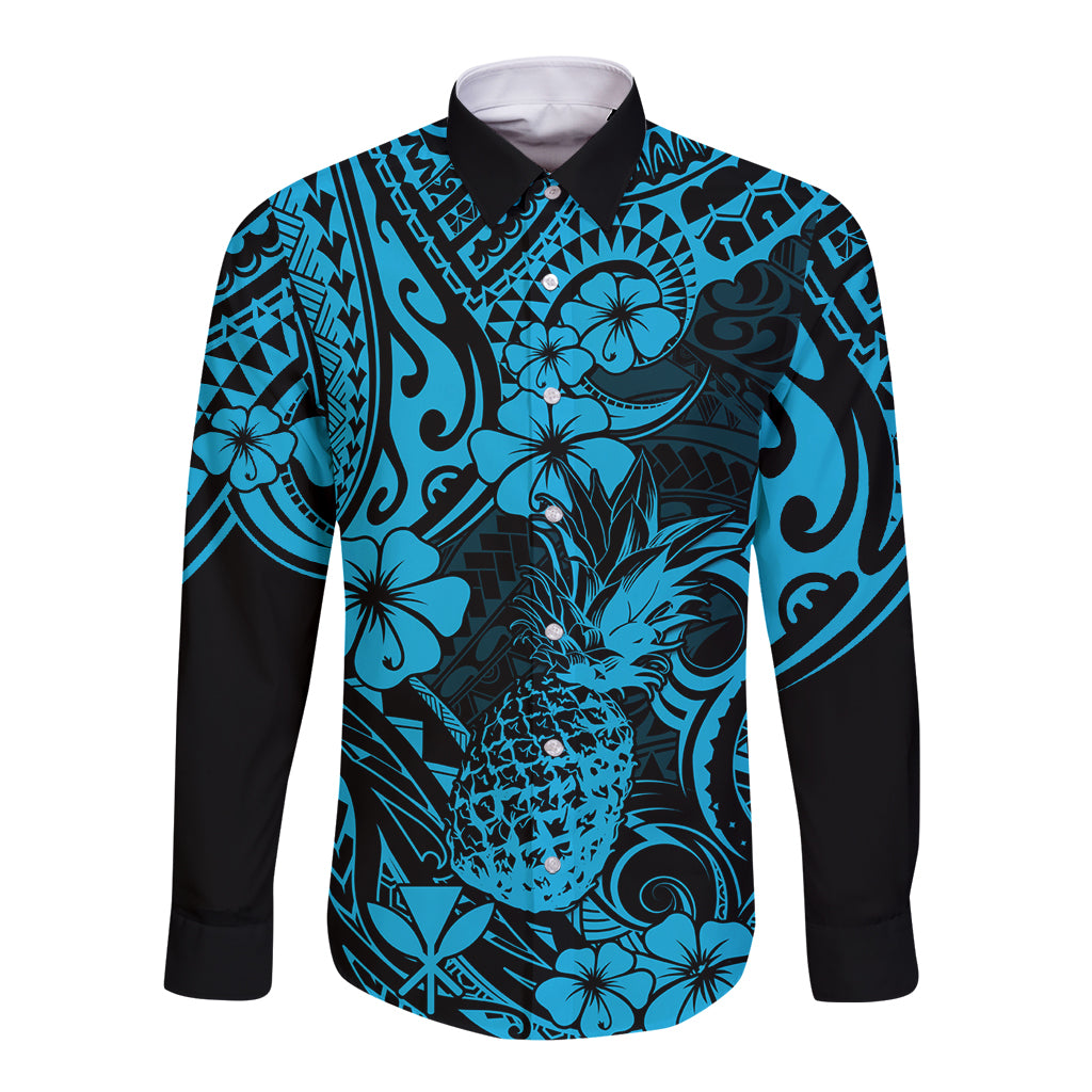 Hawaii Pineapple Long Sleeve Button Shirt Polynesian Pattern Sky Blue Version LT01 Unisex Blue - Polynesian Pride