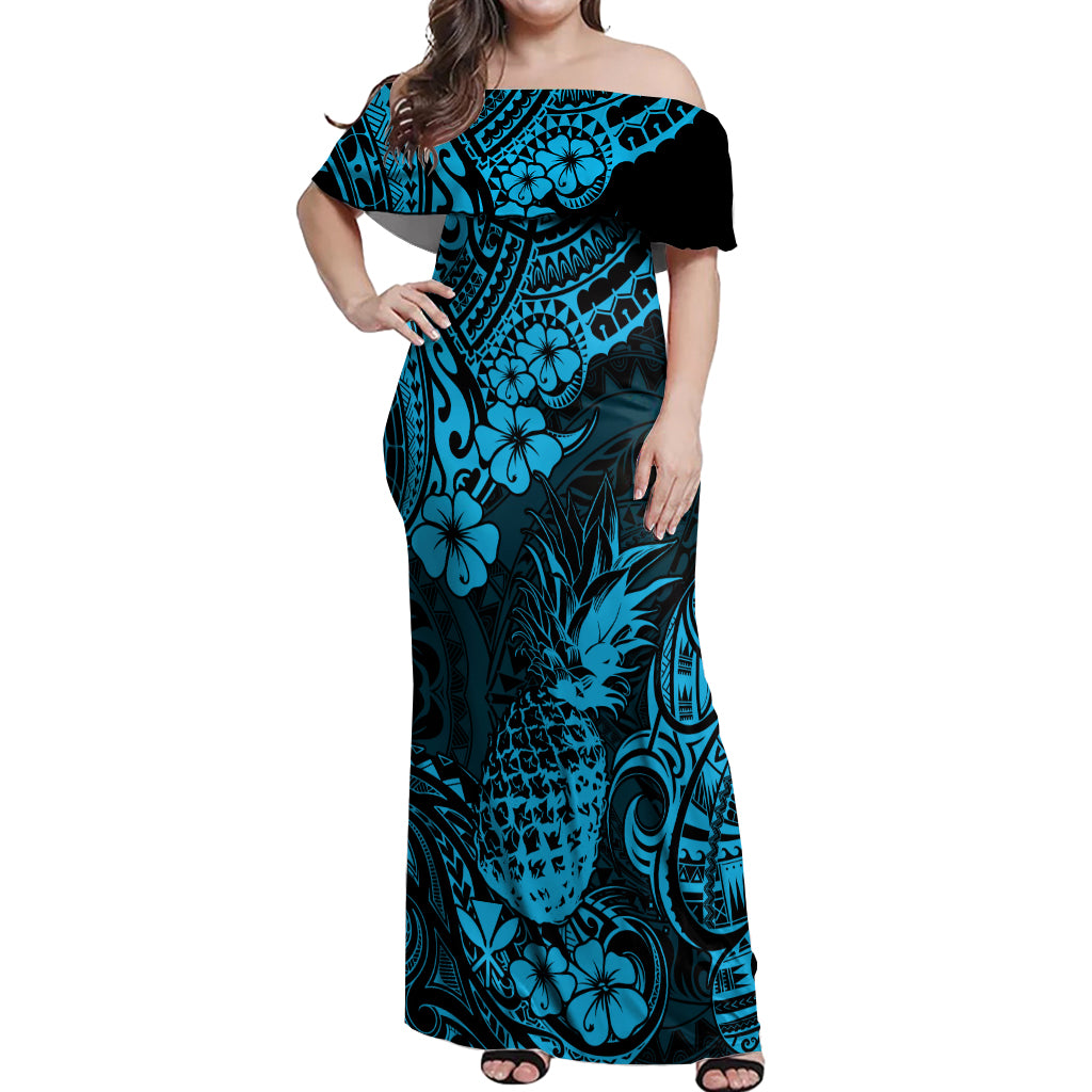 Hawaii Pineapple Off Shoulder Maxi Dress Polynesian Pattern Sky Blue Version LT01 Women Blue - Polynesian Pride