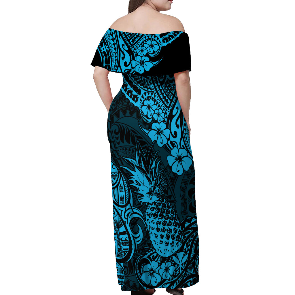 Hawaii Pineapple Off Shoulder Maxi Dress Polynesian Pattern Sky Blue Version LT01 - Polynesian Pride