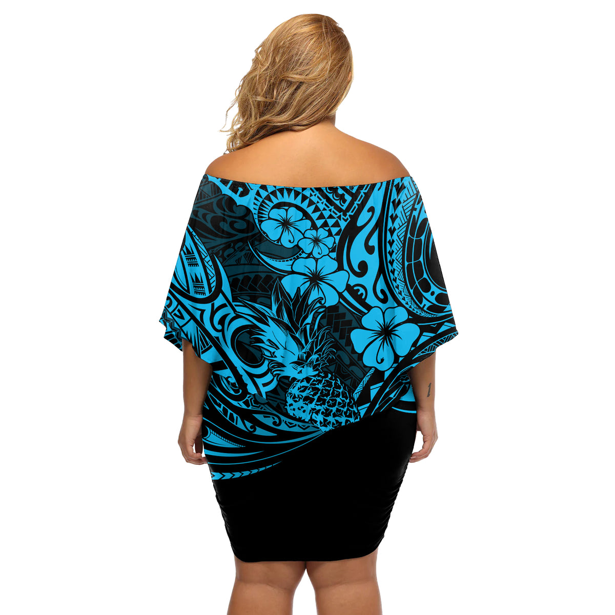 Hawaii Pineapple Off Shoulder Short Dress Polynesian Pattern Sky Blue Version LT01 - Polynesian Pride