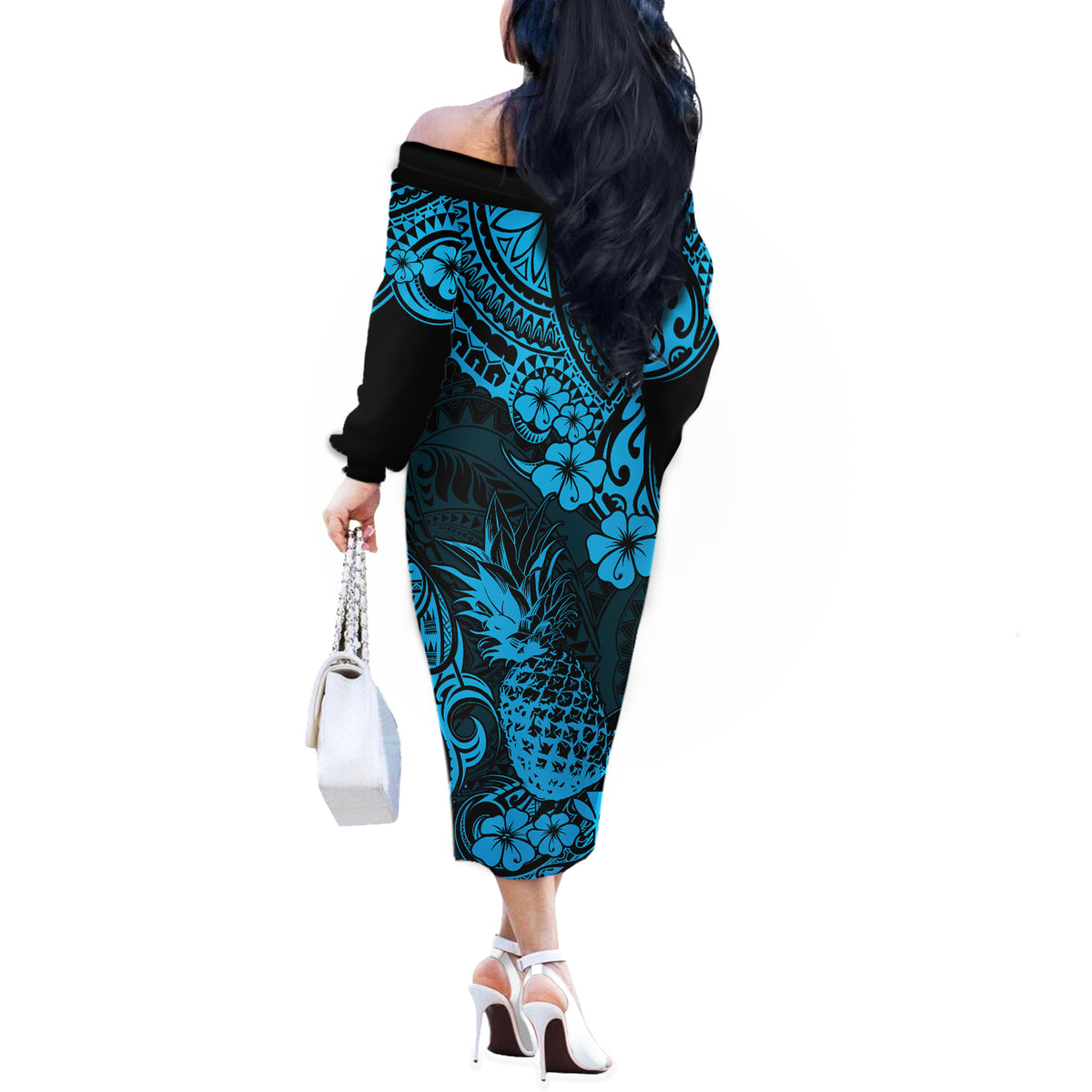 Hawaii Pineapple Off The Shoulder Long Sleeve Dress Polynesian Pattern Sky Blue Version LT01 - Polynesian Pride