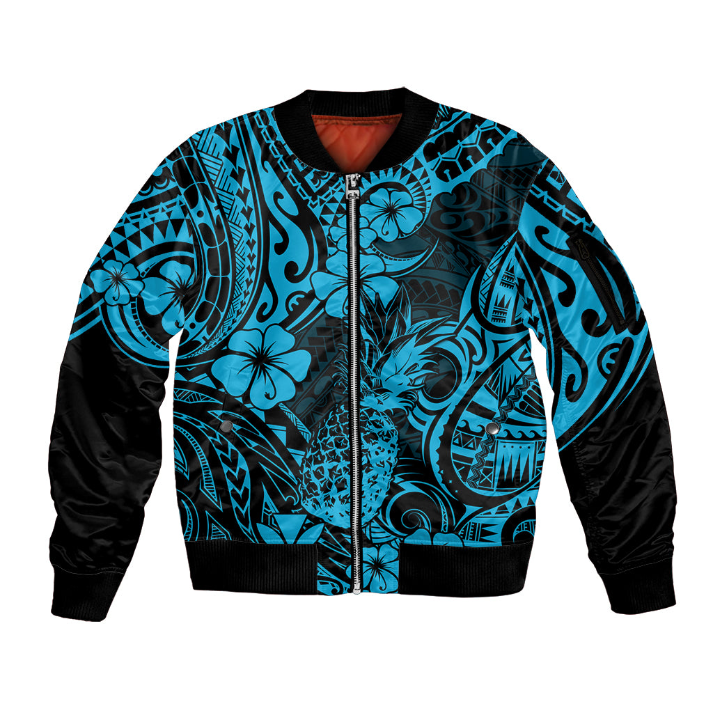 Hawaii Pineapple Sleeve Zip Bomber Jacket Polynesian Pattern Sky Blue Version LT01 Unisex Blue - Polynesian Pride