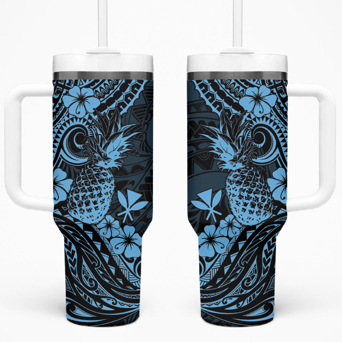 Hawaii Pineapple Tumbler With Handle Polynesian Pattern Sky Blue Version