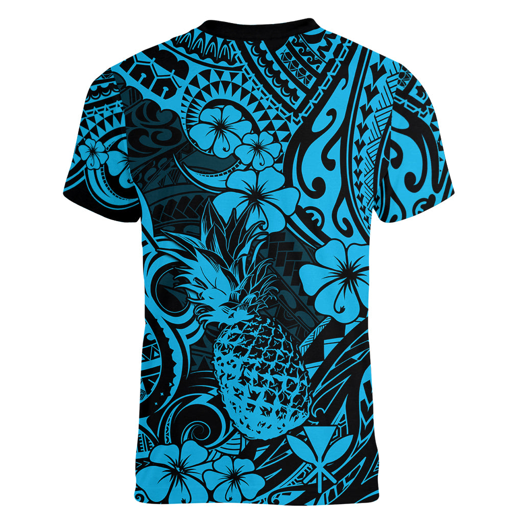 Hawaii Pineapple Women V Neck T Shirt Polynesian Pattern Sky Blue Version LT01 - Polynesian Pride
